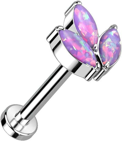 Titanium Threadless Push In With 3 Marquise CZ or Opal Leaf Top Labret Labret Impulse Piercings Opal Purple