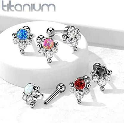 Titanium Threadless Push in With Bezel CZ or Opal and Ball Cluster Top Cartilage Barbell Cartilage Impulse Piercings