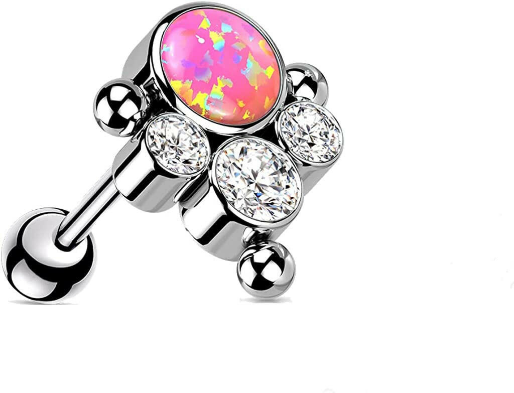 Titanium Threadless Push in With Bezel CZ or Opal and Ball Cluster Top Cartilage Barbell Cartilage Impulse Piercings 16GA Length: 6mm Opal Pink