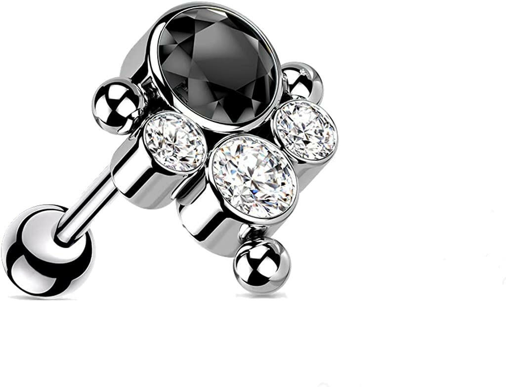 Titanium Threadless Push in With Bezel CZ or Opal and Ball Cluster Top Cartilage Barbell Cartilage Impulse Piercings 16GA Length: 6mm Black