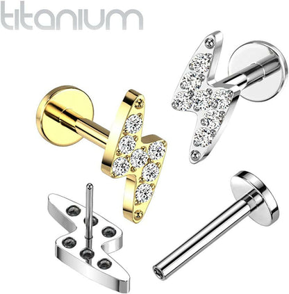 Titanium Threadless Push In With Lightning Bolt CNC CZ Top Labret Labret Impulse Piercings