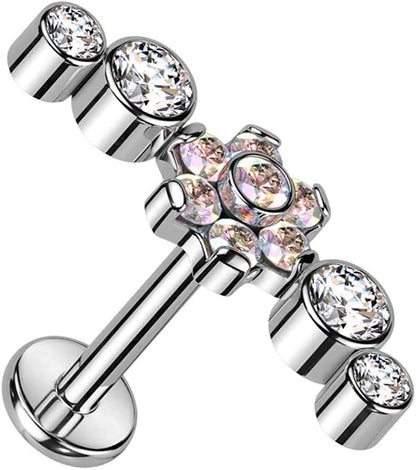 Titanium Top With CZ Flower Center and Double Bezel CZs Cartilage Cartilage Earring Impulse Piercings Aurora Borealis