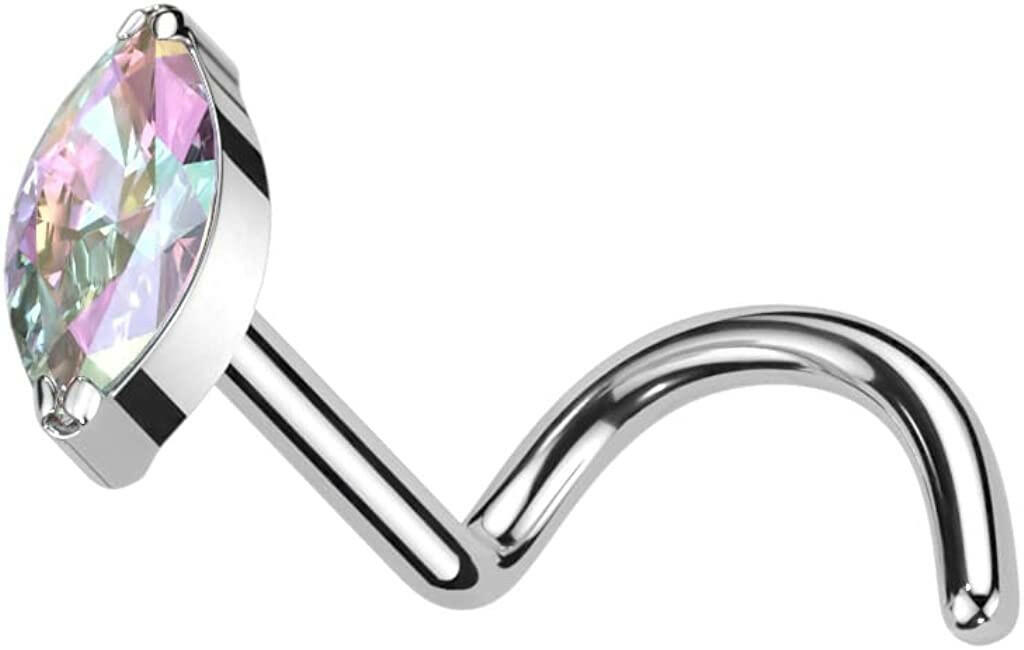 Titanium With Marquise CZ Nose Screw Nose Ring Impulse Piercings 20GA Length: 6mm Aurora Borealis