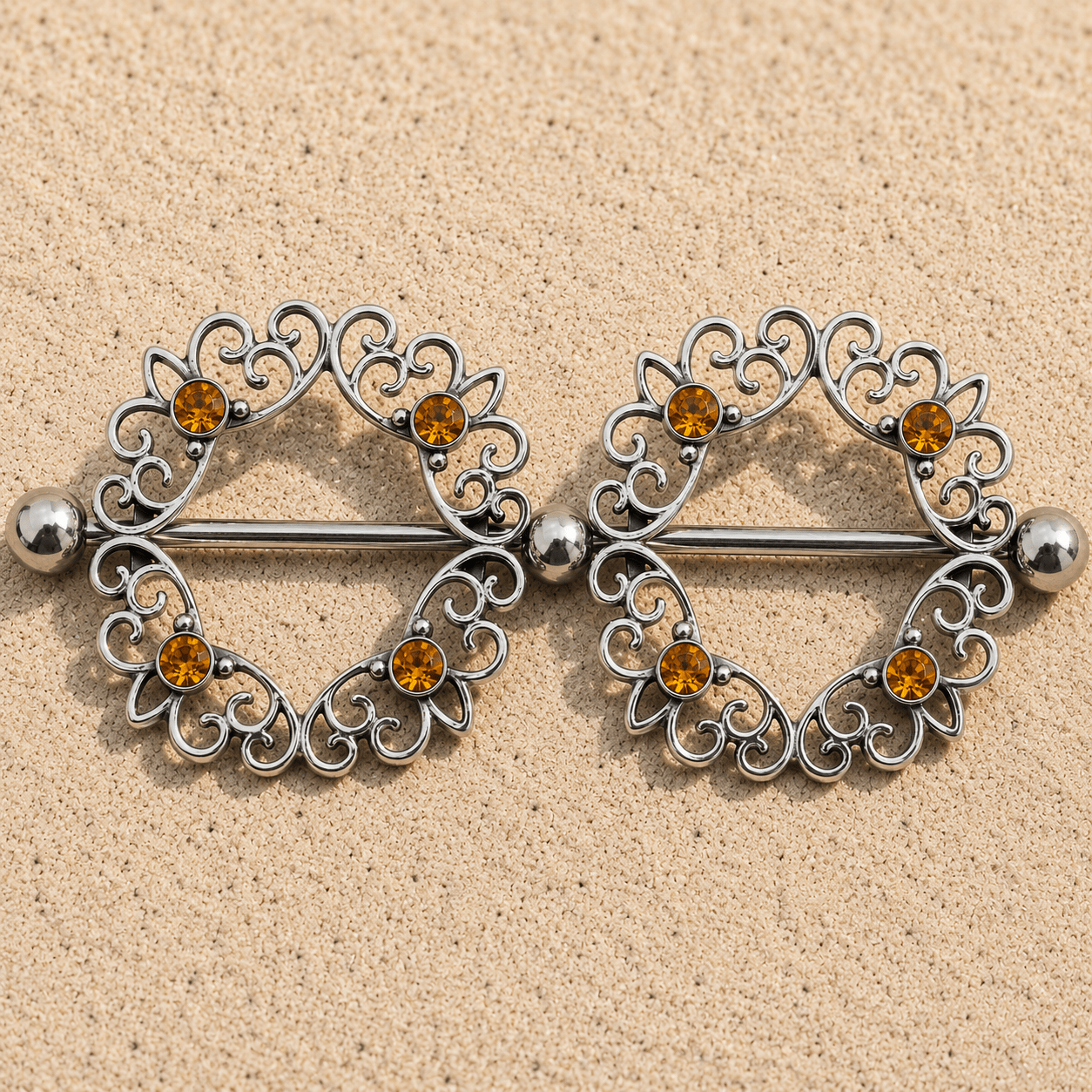 Topaz CZ ornate nipple shield 14G pair, four topaz cubic zirconia 316L stainless steel body jewelry