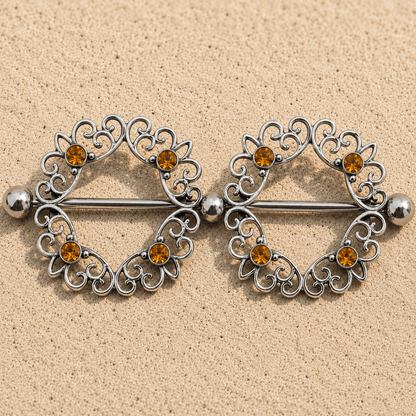 Topaz CZ ornate nipple shield 14G pair, four topaz cubic zirconia 316L stainless steel body jewelry
