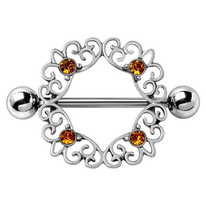 Topaz CZ ornate nipple shield pair on white background, 14G four topaz CZ 316L stainless steel body jewelry