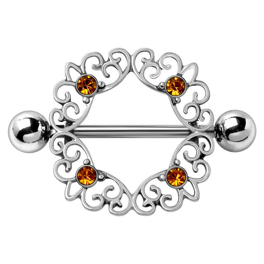Topaz CZ Ornate Nipple Shield 14G Pair 316L Stainless Steel