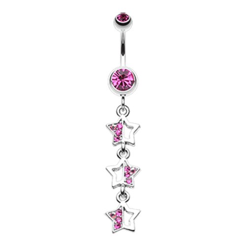 Triple Sparkling Star Belly Button Ring Navel Ring Impulse Piercings Fuchsia