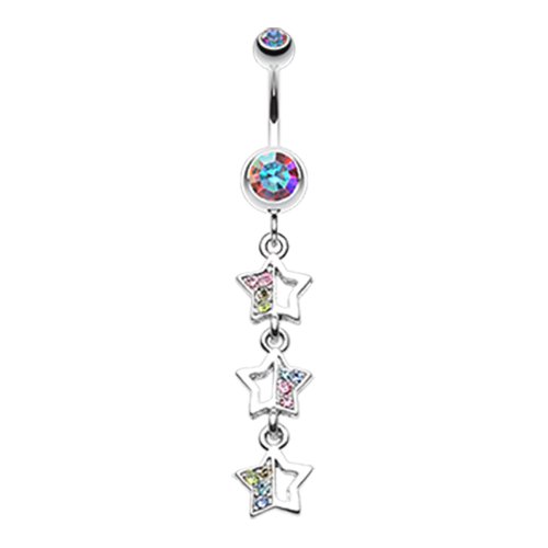 Triple Sparkling Star Belly Button Ring Navel Ring Impulse Piercings Aurora Borealis/Rainbow