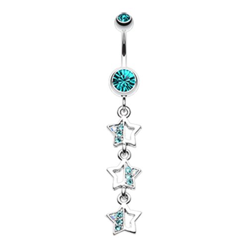 Triple Sparkling Star Belly Button Ring Navel Ring Impulse Piercings Teal