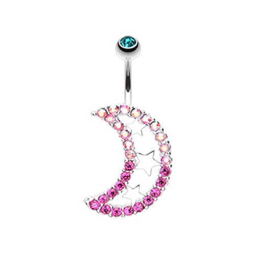 Triple Stars and Moon Belly Button Ring Navel Ring Impulse Piercings Fuchsia/Aurora Borealis