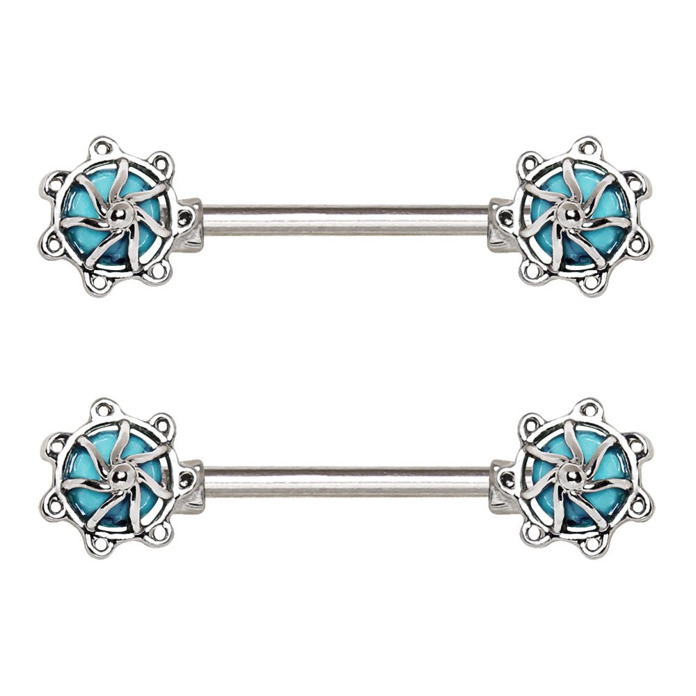 Turquoise Carousel Nipple Bar 14G Pair 316L Surgical Steel