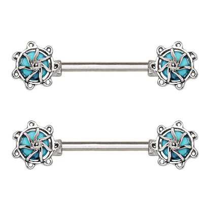 Turquoise Carousel Nipple Bar 14G Pair 316L Surgical Steel