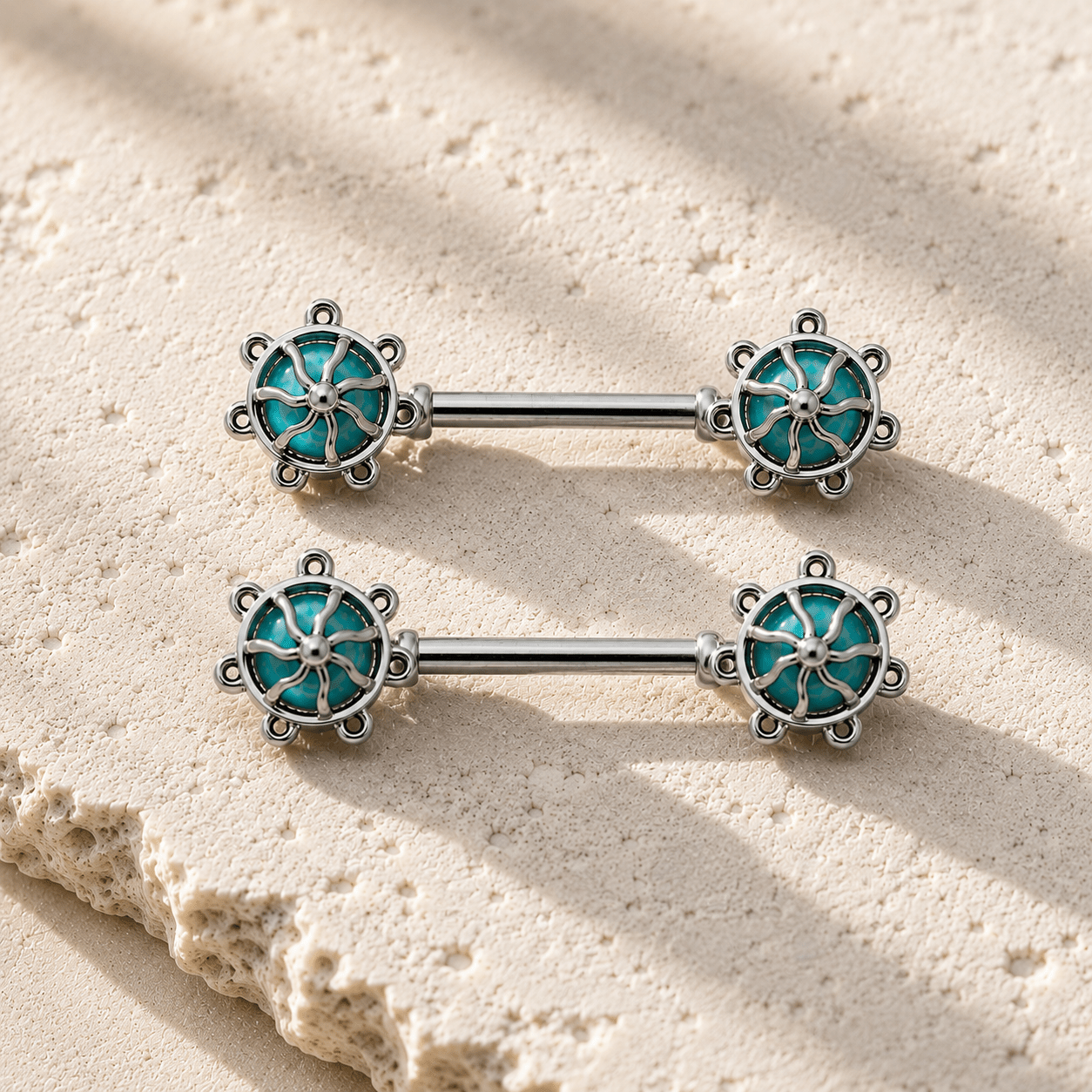 Turquoise Carousel Nipple Bar 14G Pair 316L Surgical Steel