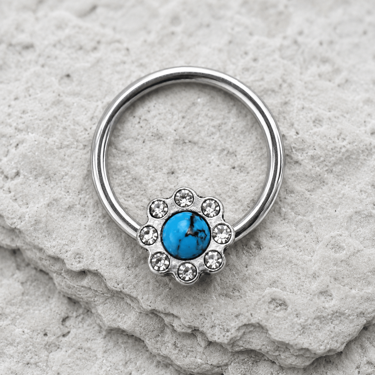 Stainless Steel Turquoise Flower Snap-in Captive Bead Ring - Skin Metals