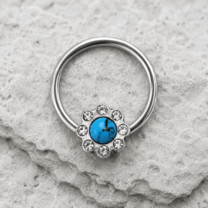 Stainless Steel Turquoise Flower Snap-in Captive Bead Ring - Skin Metals