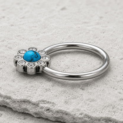 Stainless Steel Turquoise Flower Snap-in Captive Bead Ring - Skin Metals