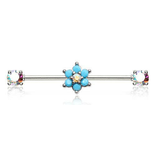 Turquoise Spring Flower Sparkle Prong Set Industrial Barbell Industrial Barbell Impulse Piercings