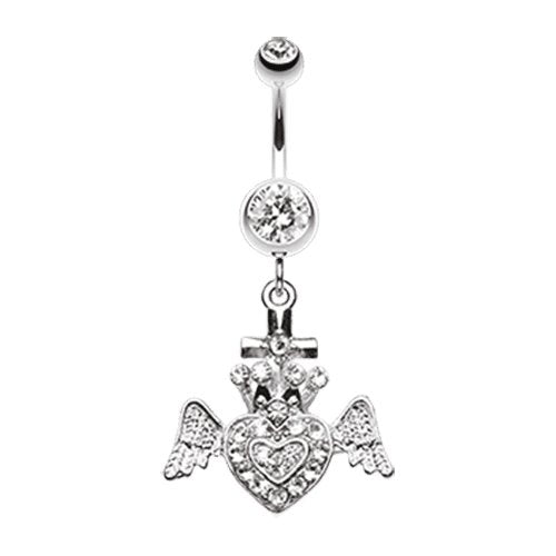 Ultra Bright Crowned Angel Heart and Cross Belly Button Ring Navel Ring Impulse Piercings Clear