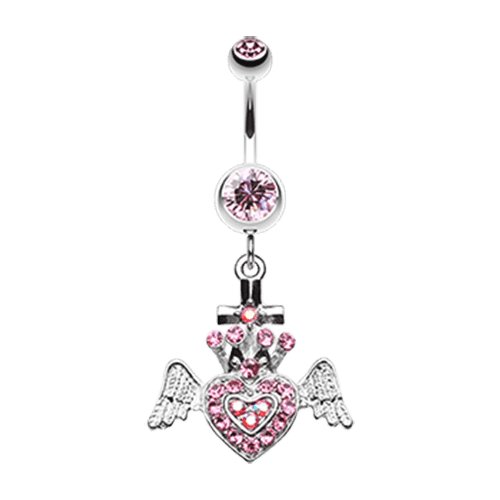 Ultra Bright Crowned Angel Heart and Cross Belly Button Ring Navel Ring Impulse Piercings Light Pink