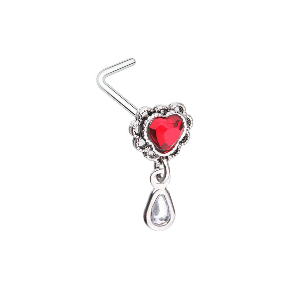 Valentine Doiley Heart Dangle Gem L-Shaped Nose Ring Impulse Piercings