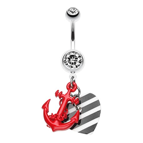 Vibrant Anchor Nautical Heart Belly Button Ring Navel Ring Impulse Piercings Red