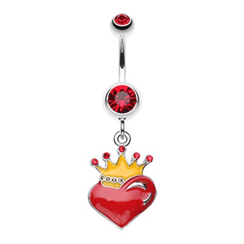 Vibrant Crowned Heart Sparkle Belly Button Ring Navel Ring Impulse Piercings Red