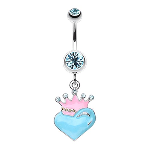 Vibrant Crowned Heart Sparkle Belly Button Ring Navel Ring Impulse Piercings Aqua