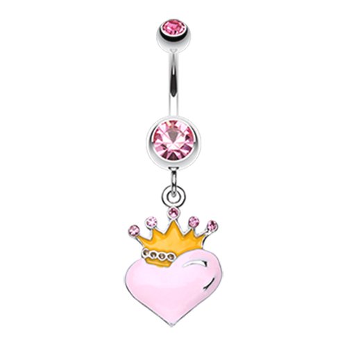 Vibrant Crowned Heart Sparkle Belly Button Ring Navel Ring Impulse Piercings Light Pink