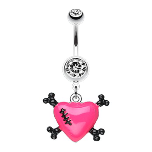 Vibrant Heart Crossbones Belly Button Ring Navel Ring Impulse Piercings Pink