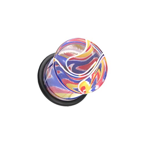 Vibrant Marble Swirls Single Flared Ear Gauge Plug Plugs Impulse Piercings 6 gauge (4mm) Blue/Yellow