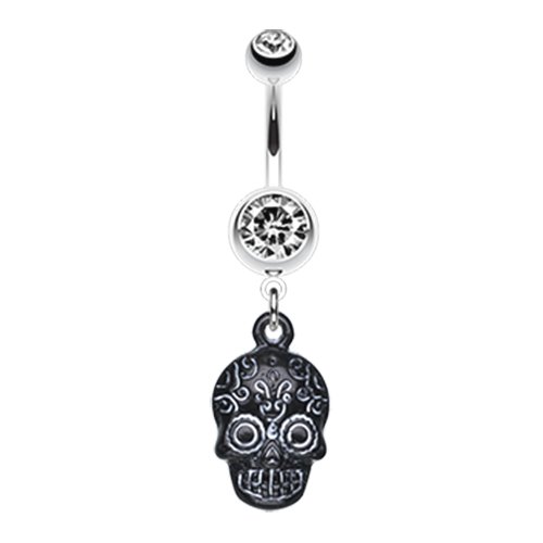 Vibrant Mayan Tribal Skull Belly Button Ring Navel Ring Impulse Piercings Clear/White