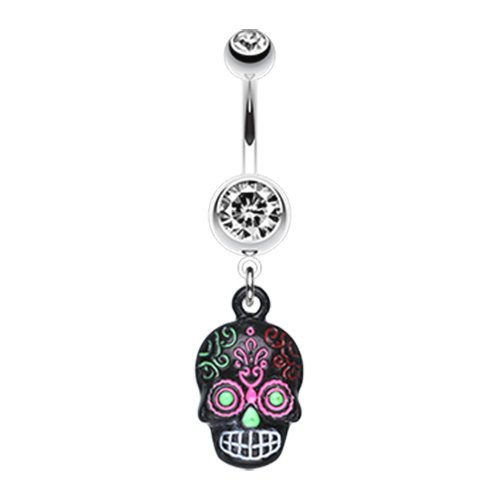 Vibrant Mayan Tribal Skull Belly Button Ring Navel Ring Impulse Piercings Clear/Rainbow