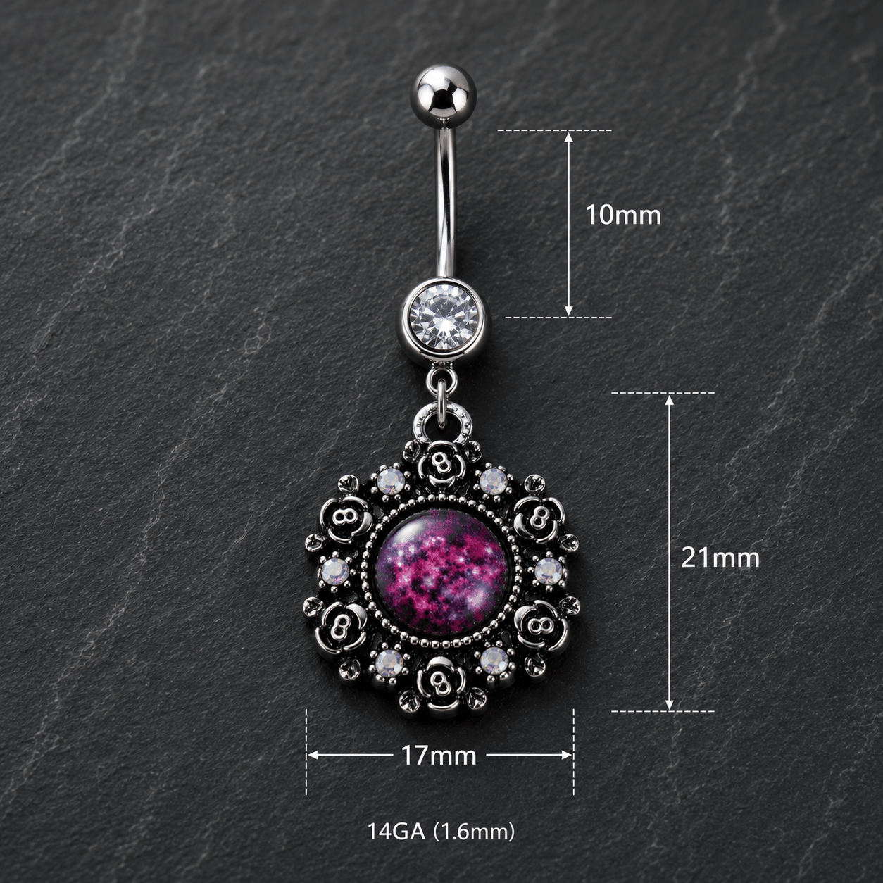 Belly button ring with floral design and purple gemstone on a dark surface, showing measurements.