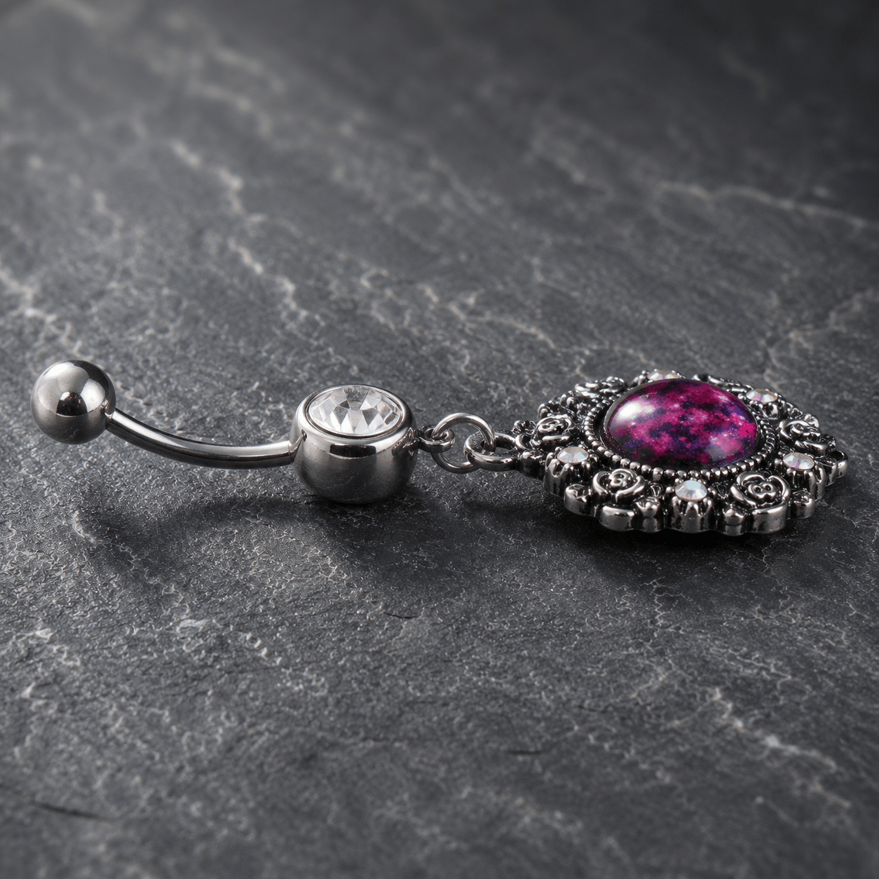 Stainless Steel Victorian Style Pendant Dangle Navel Ring - Skin Metals