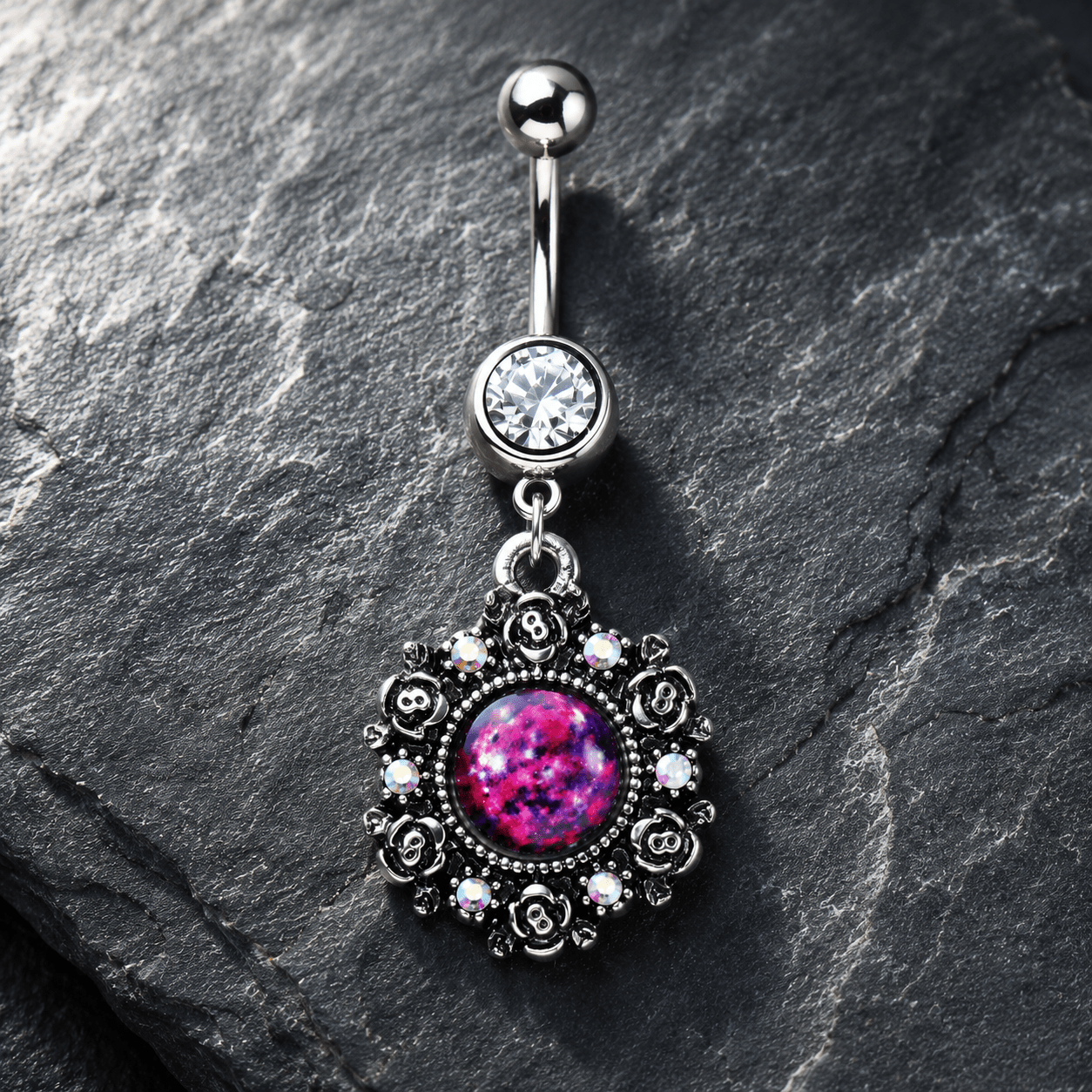 Stainless Steel Victorian Style Pendant Dangle Navel Ring - Skin Metals