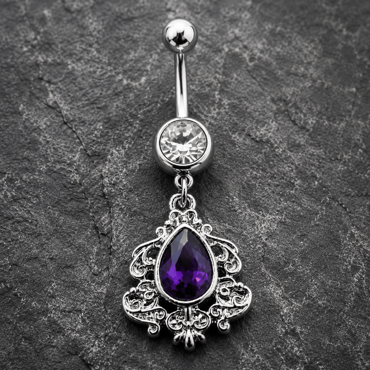 Stainless Steel Ornate Victorian Purple Tear Drop Dangle Navel Ring - Skin Metals