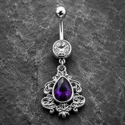 Stainless Steel Ornate Victorian Purple Tear Drop Dangle Navel Ring - Skin Metals