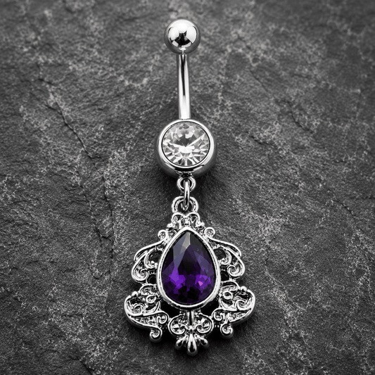 Stainless Steel Ornate Victorian Purple Tear Drop Dangle Navel Ring - Skin Metals