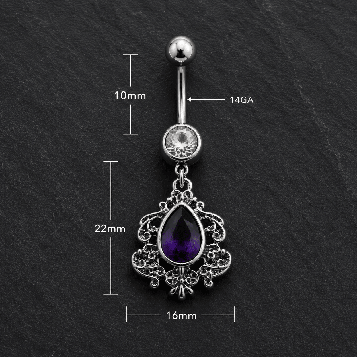 Belly button ring with purple teardrop pendant and measurements on a dark background