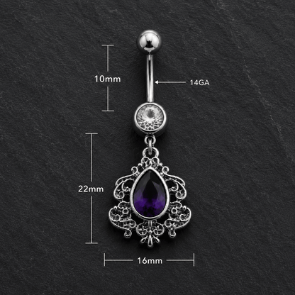 Belly button ring with purple teardrop pendant and measurements on a dark background