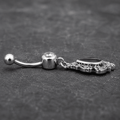 Side view of Victorian purple teardrop dangle navel ring, 14G 316L stainless steel 18mm bar length
