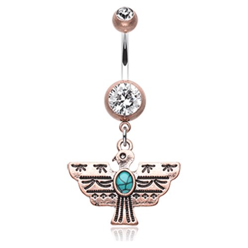 Vintage Boho Aztec Thunderbird Mural Belly Button Ring Navel Ring Impulse Piercings Copper/Clear/Turquoise