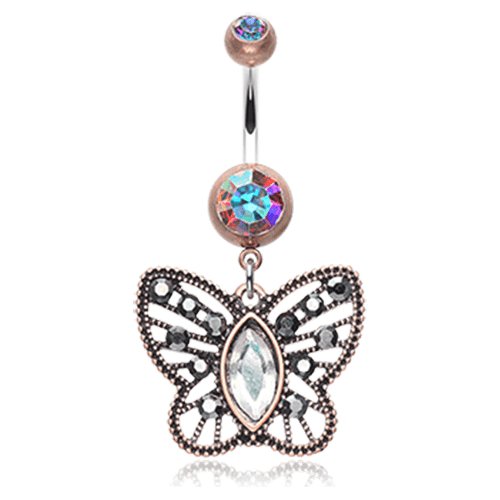 Vintage Boho Butterfly Fliligree Belly Button Ring Navel Ring Impulse Piercings Copper/Aurora Borealis/Hematite