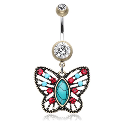 Vintage Boho Butterfly Fliligree Belly Button Ring Navel Ring Impulse Piercings Brass/Clear/Turquoise