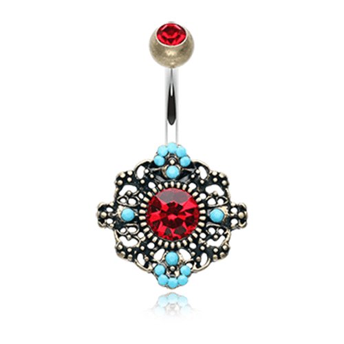 Vintage Boho Filigree Flower Belly Button Ring Navel Ring Impulse Piercings Brass/Red/Turquoise