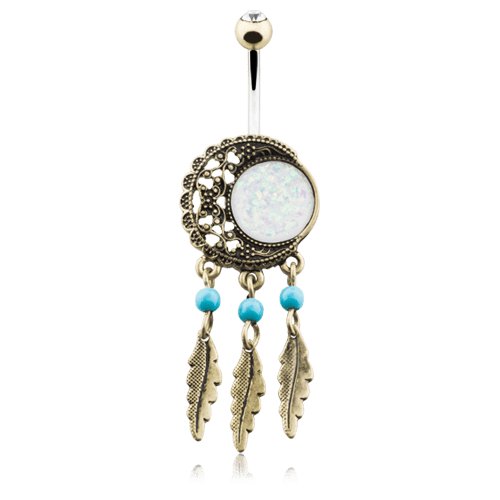 Vintage Boho Filigree Moon Dreamcatcher Opal Belly Button Ring Navel Ring Impulse Piercings Brass/Clear/White