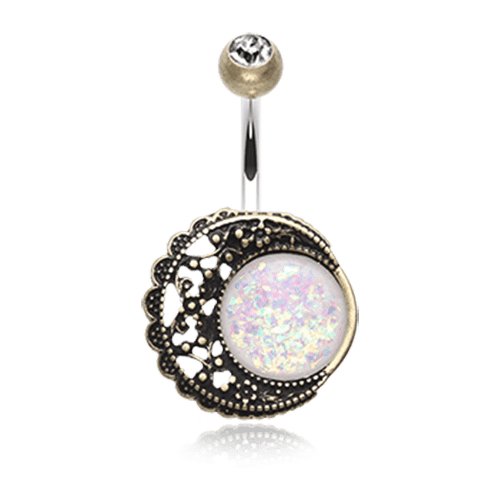 Vintage Boho Filigree Moon Opal Belly Button Ring Navel Ring Impulse Piercings Brass/Clear/White