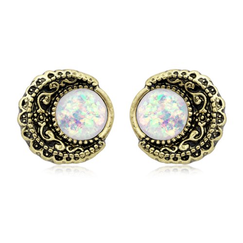 Vintage Boho Filigree Moon Opal Ear Stud Earrings Earring Impulse Piercings Brass/White