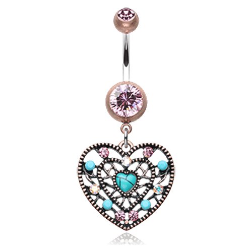 Vintage Boho Filigree Turquoise Heart Belly Button Ring Navel Ring Impulse Piercings Copper/Pink/Turquoise